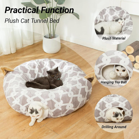 Large Cat Tunnel Bed – Flexible Plush Tunnel with Cushion and Toy Balls for Cats and Small Pets, Gray
