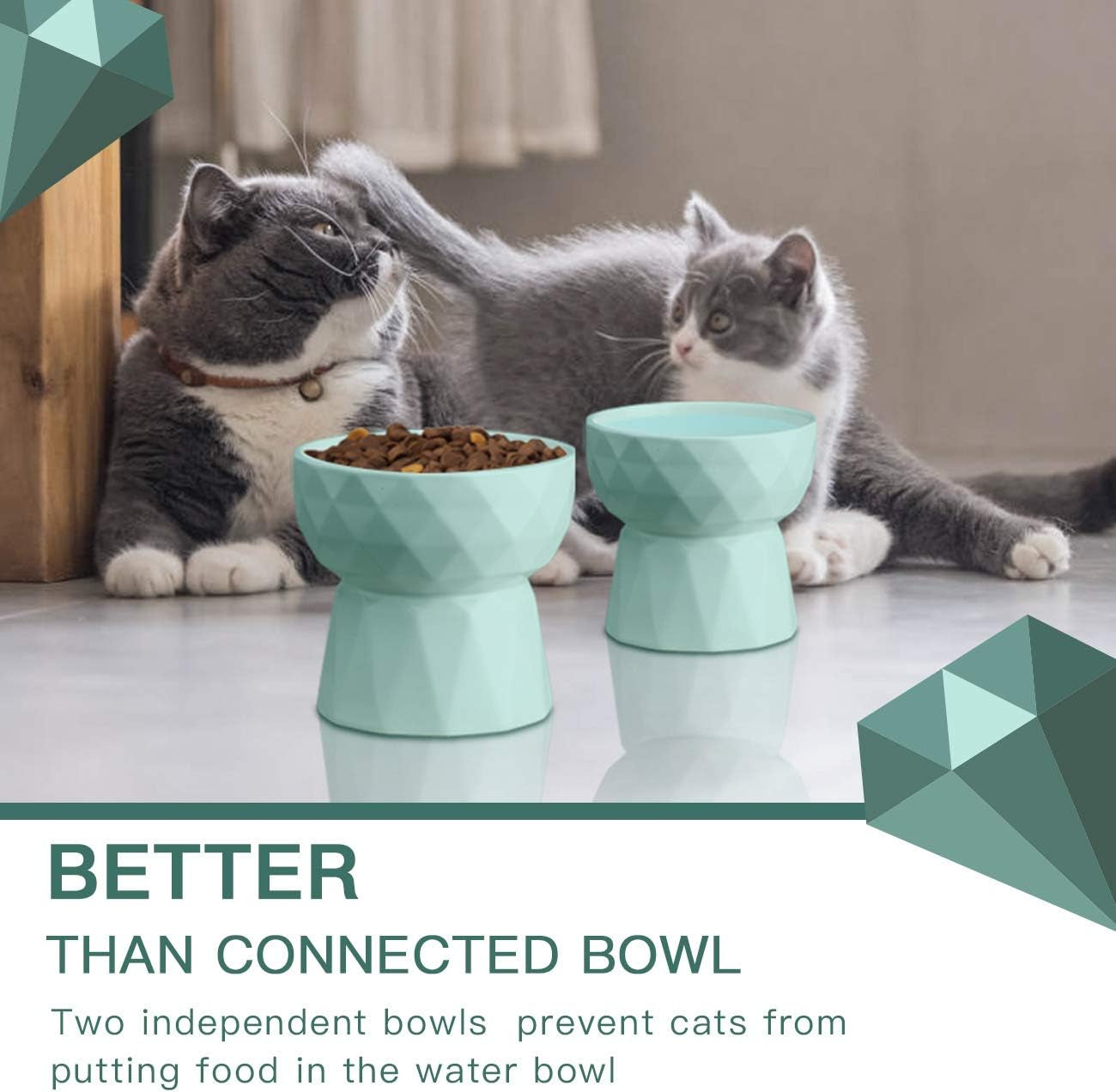 Ceramic Raised Cat Bowl Set – Anti-Vomiting Food & Water Bowls in Green