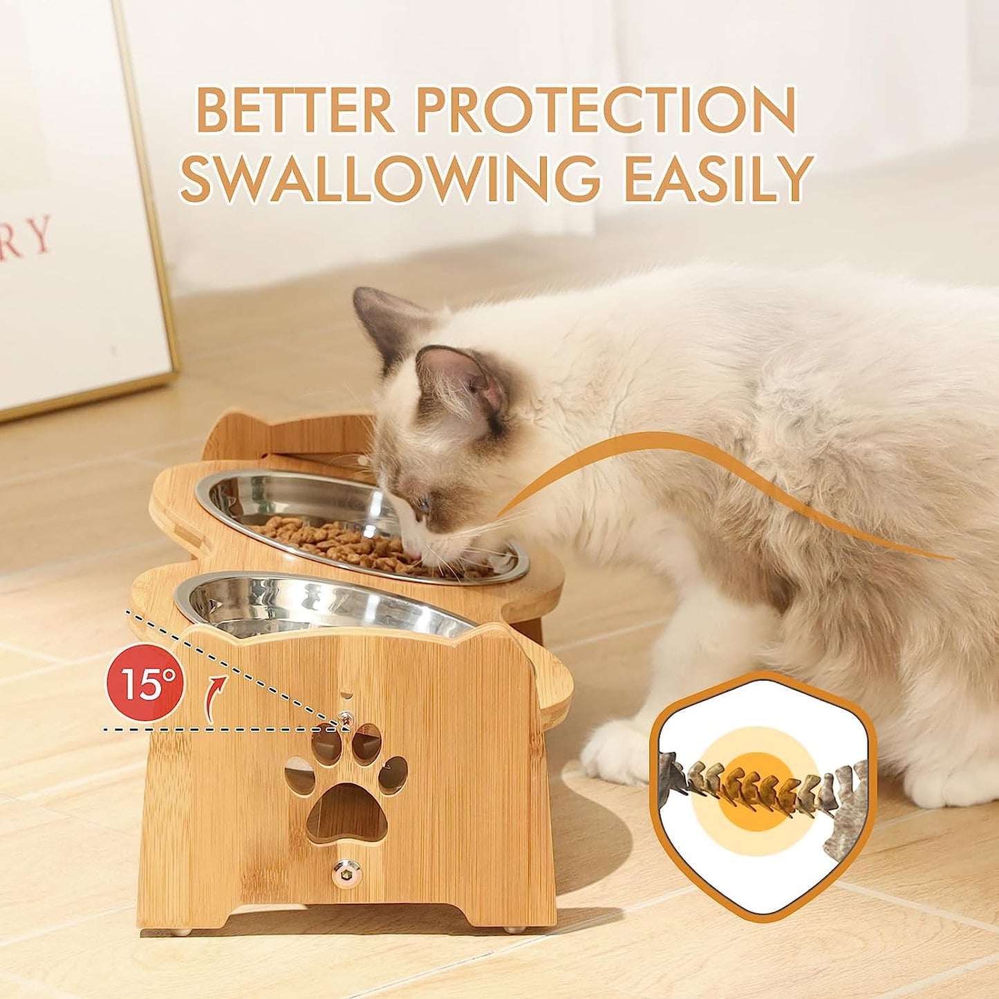 Adjustable Bamboo Raised Pet Bowls – Double Feeder for Small Dogs & Cats