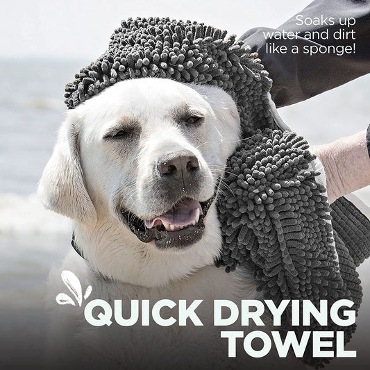 Super Shammy Dog Towel – Gray Microfiber Chenille Drying Towel with Hand Pockets, 31” x 14”