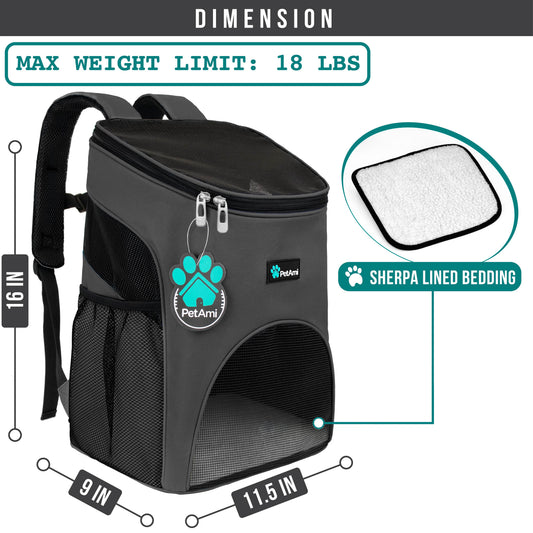 Cat Backpack Carrier – Ventilated Travel Bag for Cats & Small Dogs – Gray