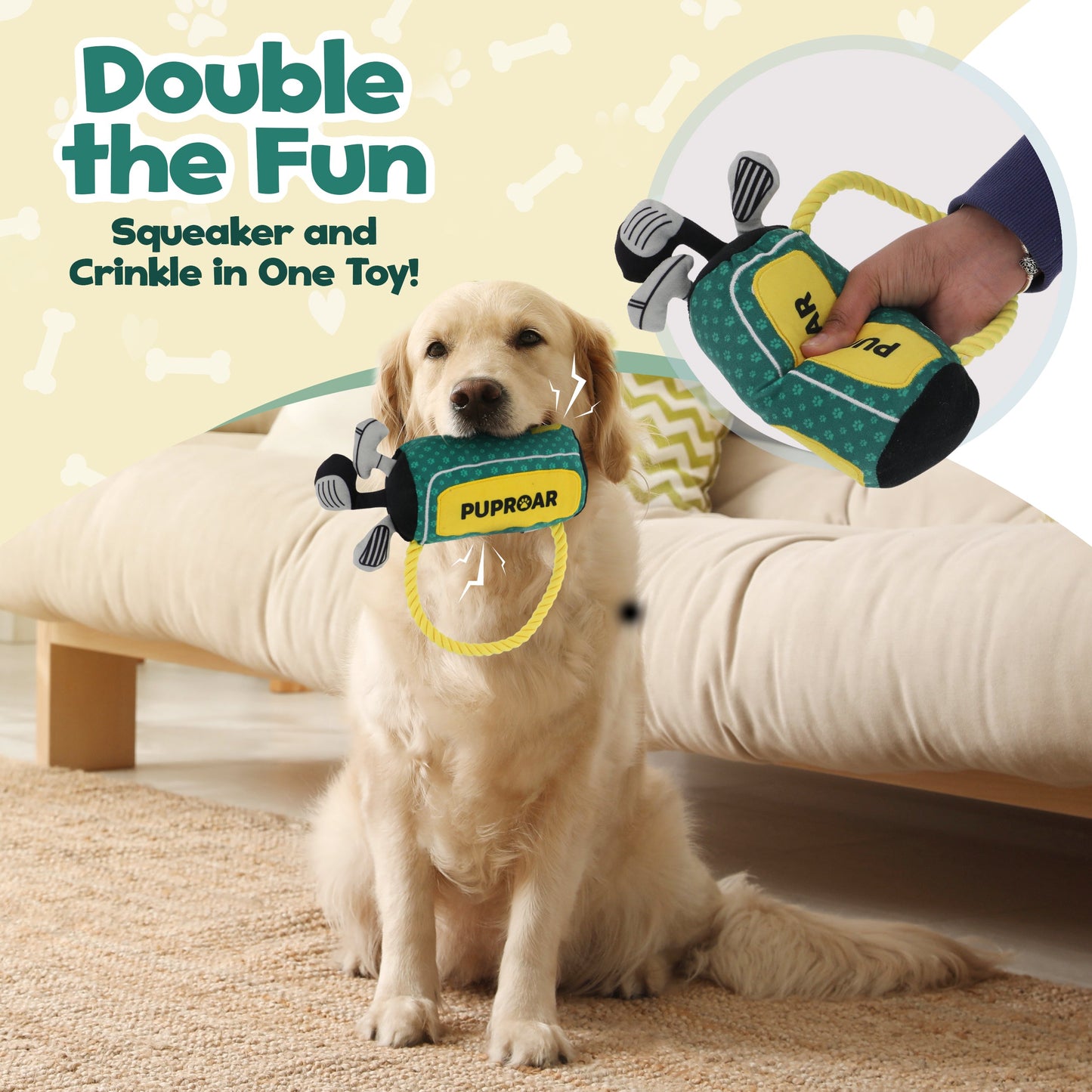 PupRoar Golf Squeaky Plush Dog Toy with Rope