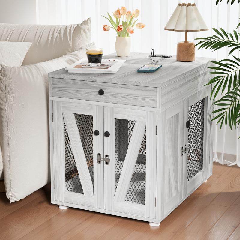 Dog Crate End Table with Drawer & USB