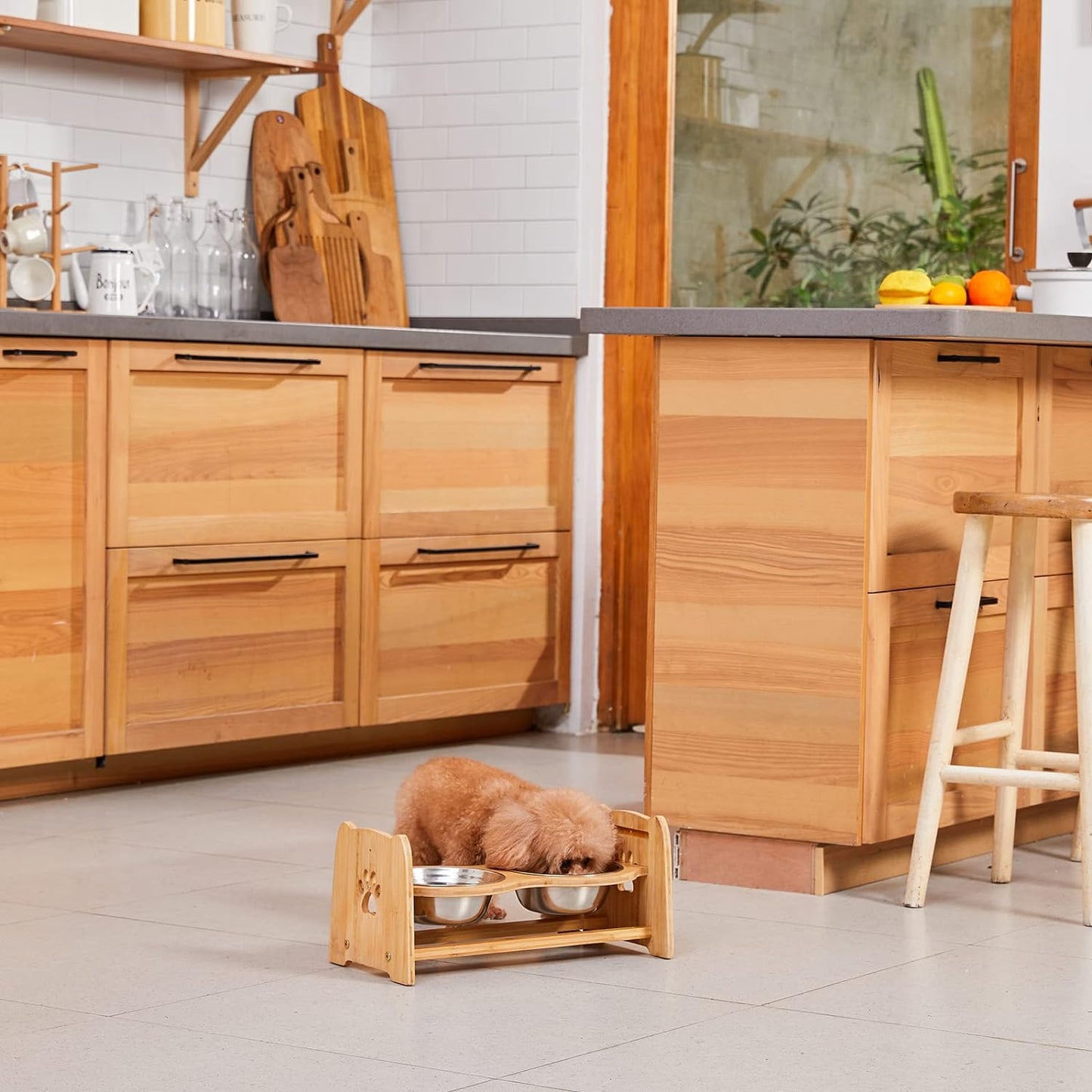 Adjustable Bamboo Elevated Pet Bowls – Raised Dog & Cat Feeder with 2 Stainless Steel Bowls