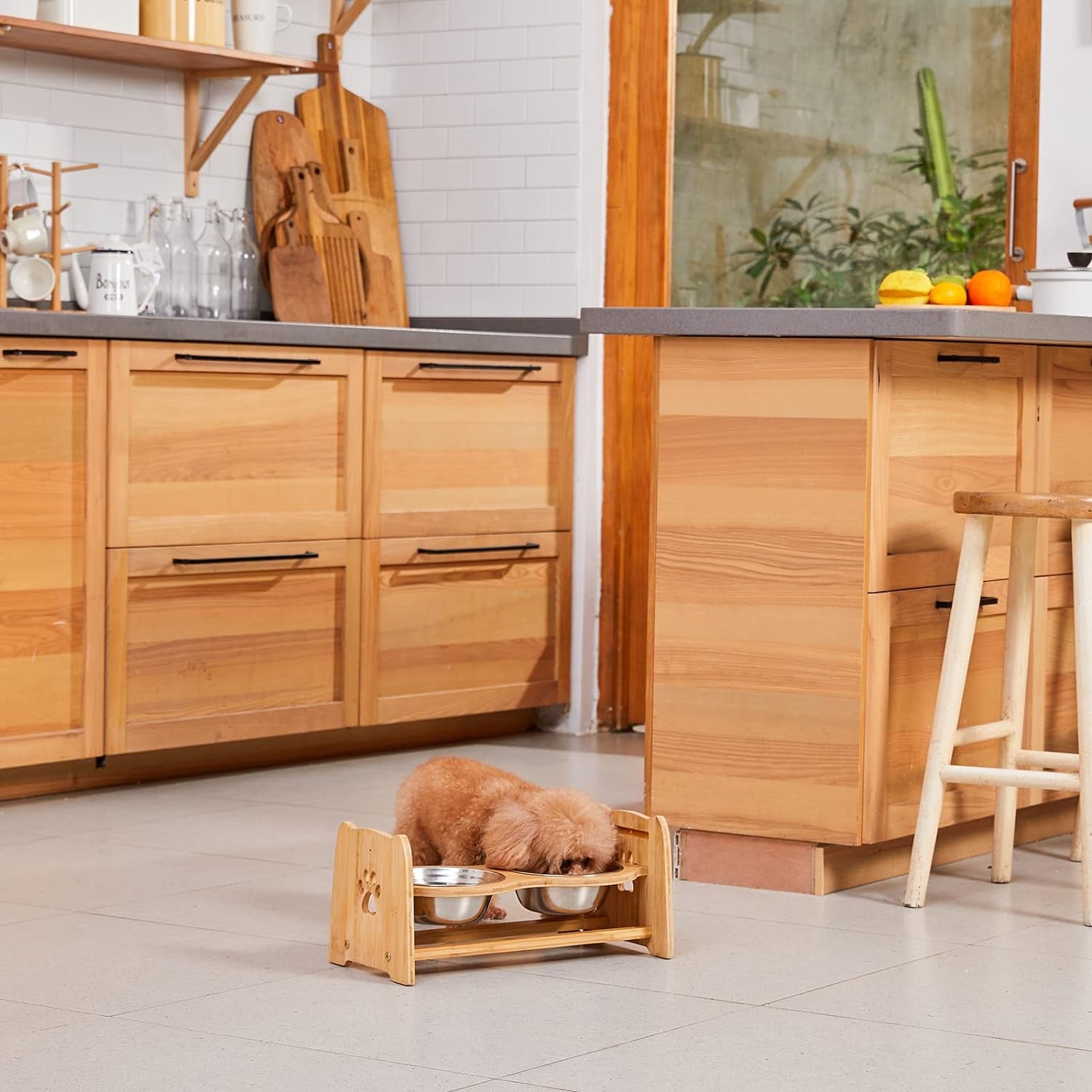 Adjustable Bamboo Elevated Pet Bowls – Raised Dog & Cat Feeder with 2 Stainless Steel Bowls
