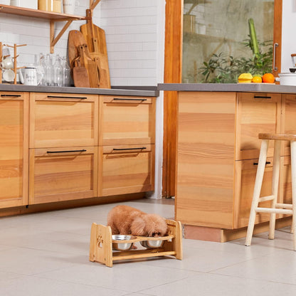 Adjustable Bamboo Elevated Pet Bowls – Raised Dog & Cat Feeder with 2 Stainless Steel Bowls