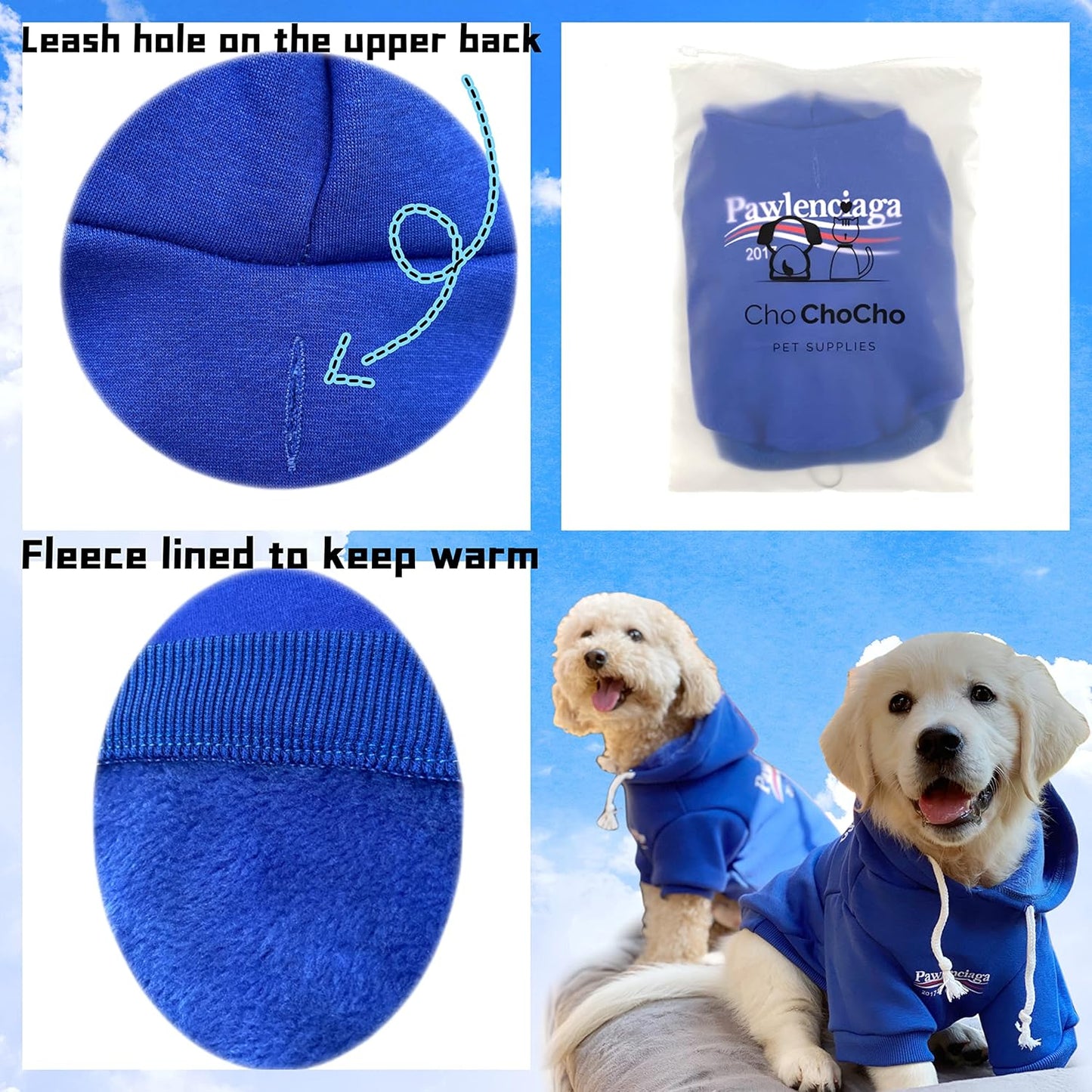 Blue Dog Sweatshirt – XL Streetwear Pet Hoodie with Leash Hole for Dogs and Cats