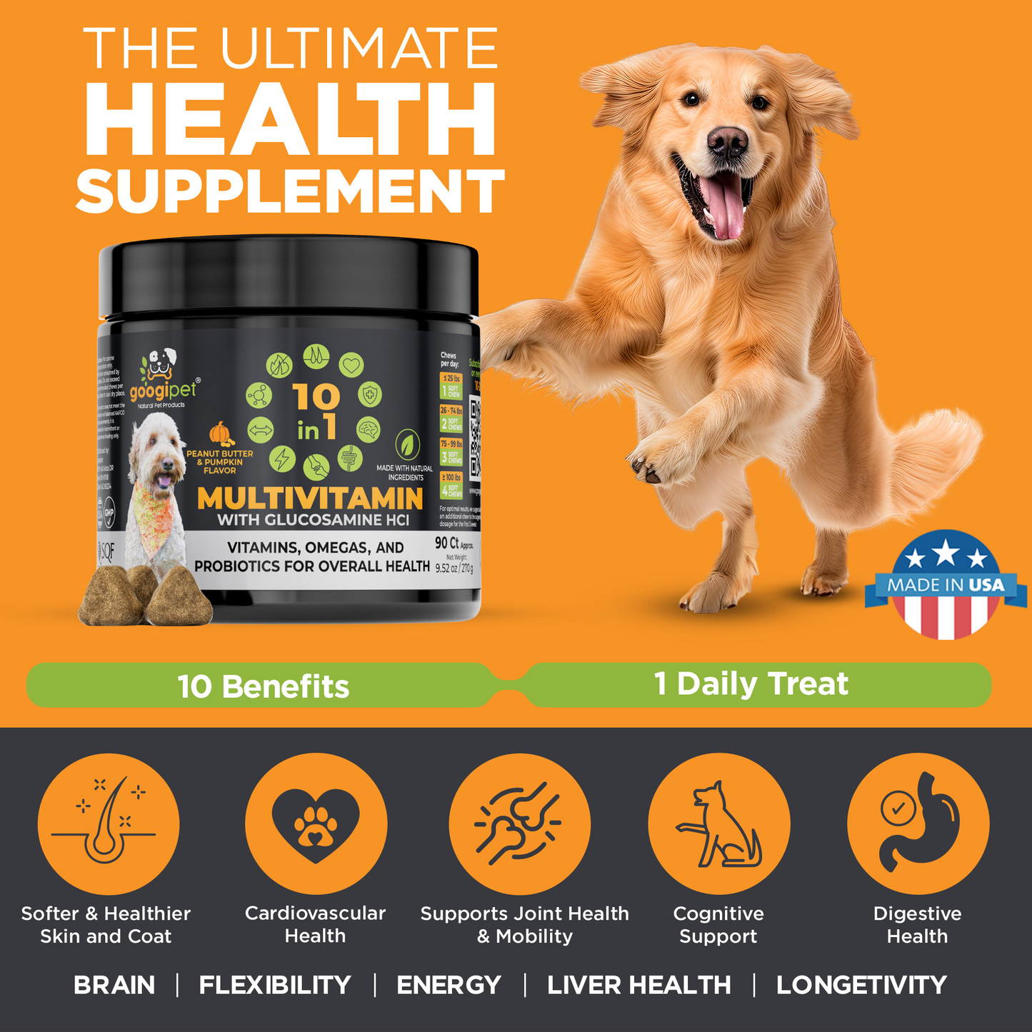 Googipet 10-in-1 Multivitamin Chews for Dogs – Peanut Butter & Pumpkin