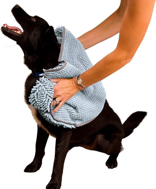 Super Shammy Dog Towel – Gray Microfiber Chenille Drying Towel with Hand Pockets, 31” x 14”