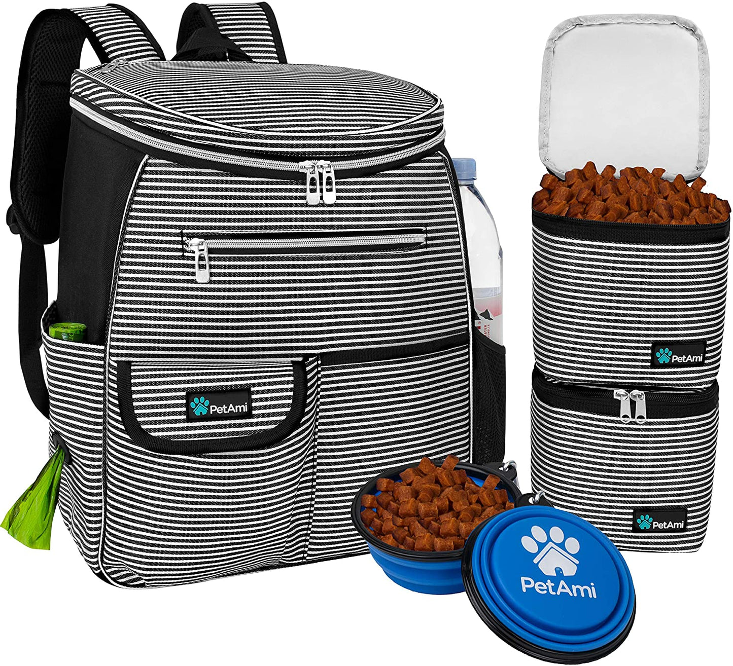 Pet Travel Backpack – Airline-Approved Pet Travel Bag with Food Containers and Collapsible Bowls, Stripe Black