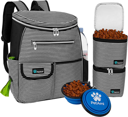 Pet Travel Backpack – Airline-Approved Pet Travel Bag with Food Containers and Collapsible Bowls, Stripe Black