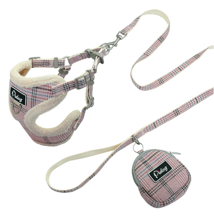 Plaid Dog Harness & Leash Set – Soft Walking Vest with Matching Pouch