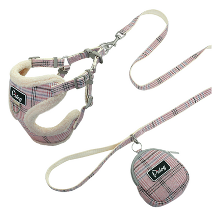 Plaid Dog Harness & Leash Set – Soft Walking Vest with Matching Pouch