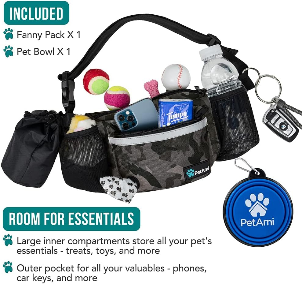 Dog Walking Fanny Pack – Treat Pouch with Poop Bag Dispenser, Water Bottle Holder, and Collapsible Bowl
