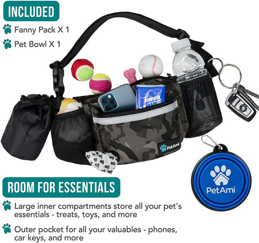 Dog Walking Fanny Pack – Treat Pouch with Poop Bag Dispenser, Water Bottle Holder, and Collapsible Bowl
