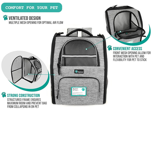 Pet Backpack Carrier for Cats & Small Dogs – Ventilated Airline-Friendly Travel Bag with Safety Support – Grey