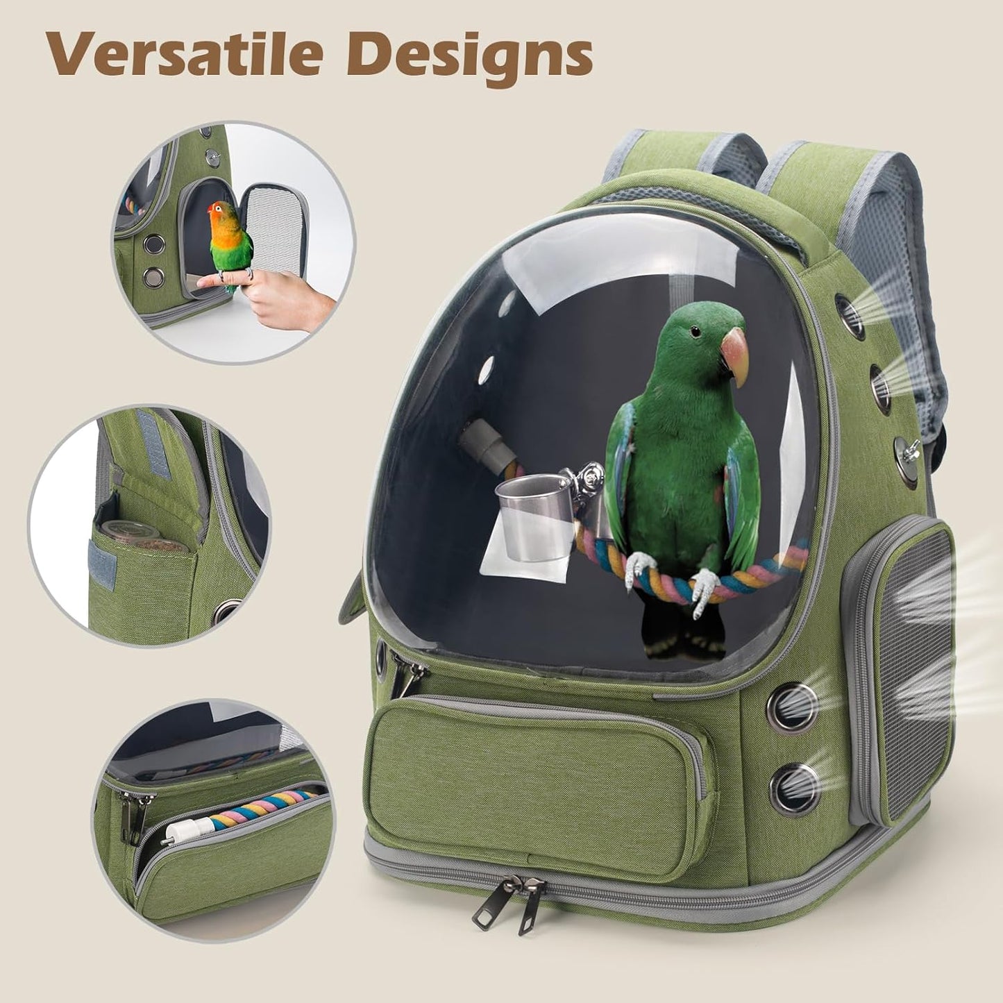 Bird Backpack Carrier – Travel Cage with Perch & Tray – Green