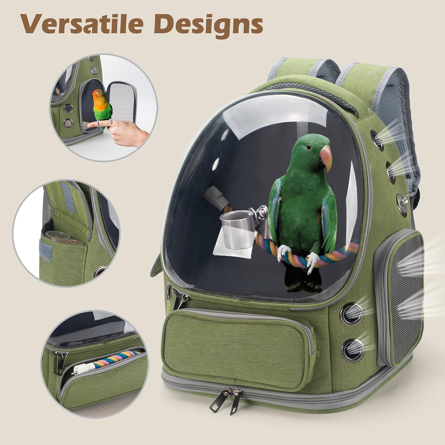 Bird Backpack Carrier – Travel Cage with Perch & Tray – Green