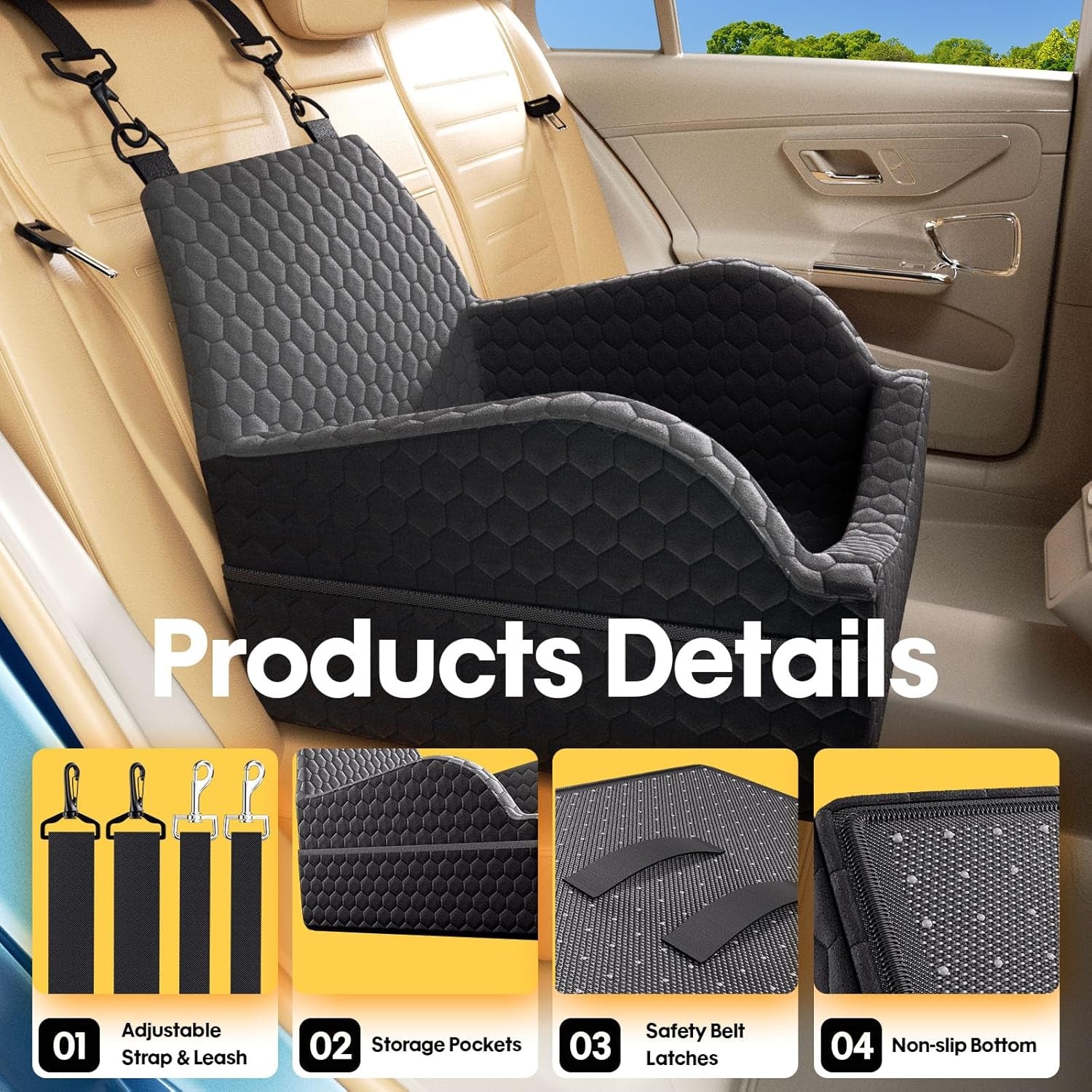 Dog/Cat Car Seat Booster – Elevated Travel Seat with Memory Foam Cushion for Small Dogs and Cats