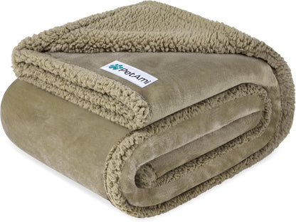 Waterproof Dog Blanket for Couch – Large 60” x 40” Reversible Sherpa Fleece Pet Throw, Taupe
