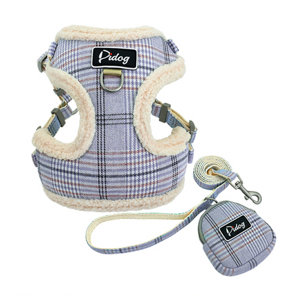 Plaid Dog Harness & Leash Set – Soft Walking Vest with Matching Pouch