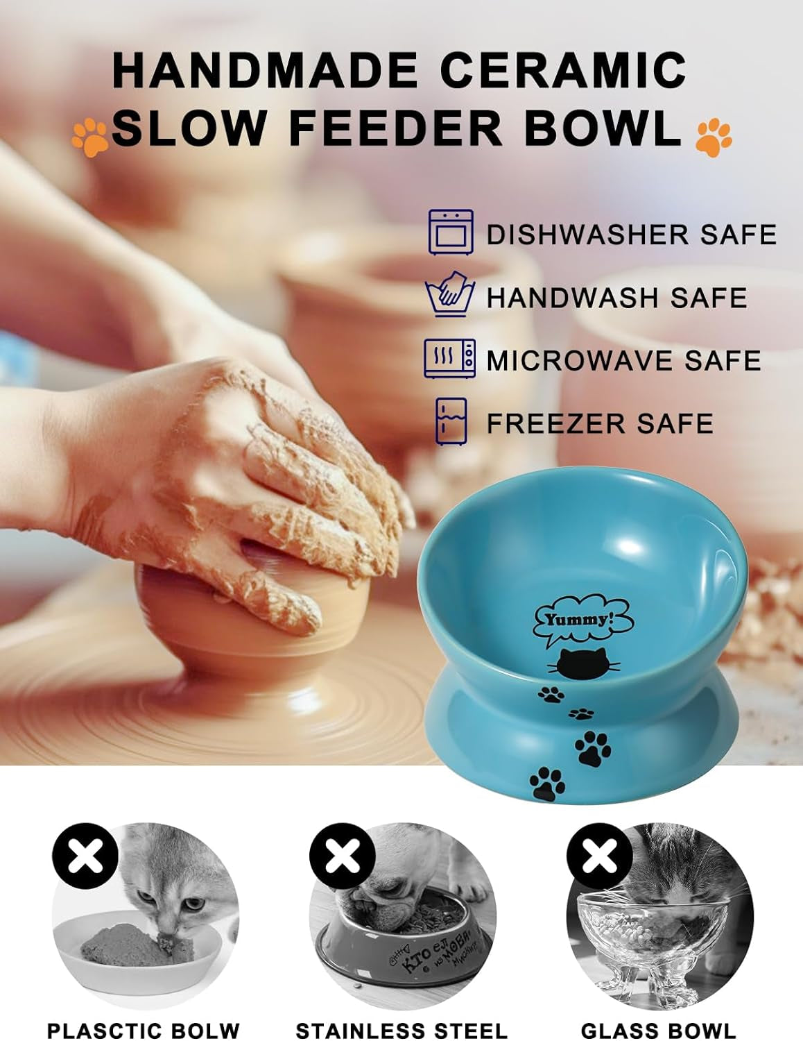 Elevated Ceramic Cat Bowl – Tilted Anti-Vomiting Raised Dish in Lake Blue