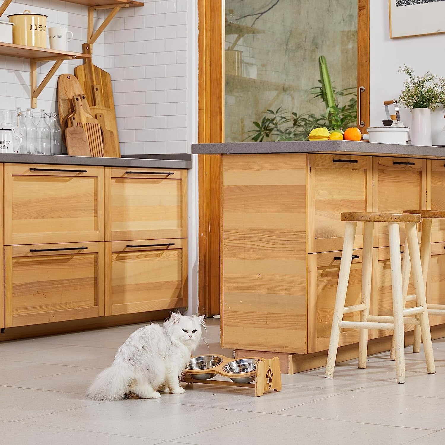Adjustable Bamboo Raised Pet Bowls – Double Feeder for Small Dogs & Cats
