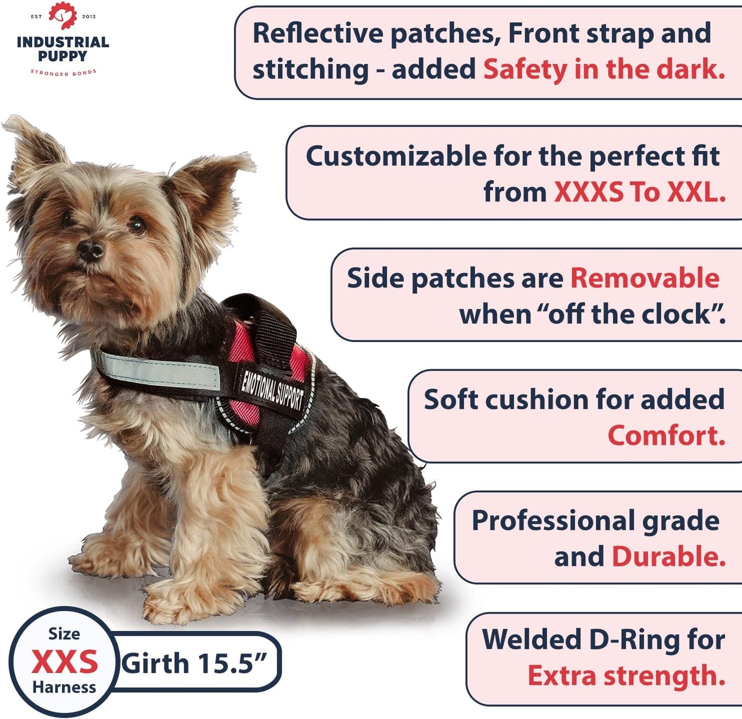 Emotional Support Dog Vest – XXS Bright Red Reflective Harness with Removable Patches