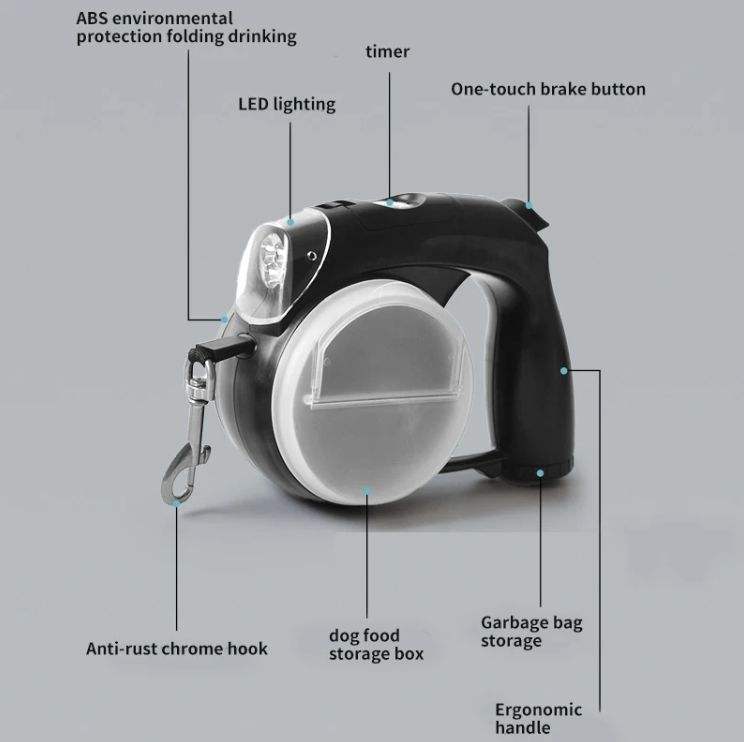 5 in 1 Retractable Dog Leash – LED Walking Lead with Poop Bag Holder