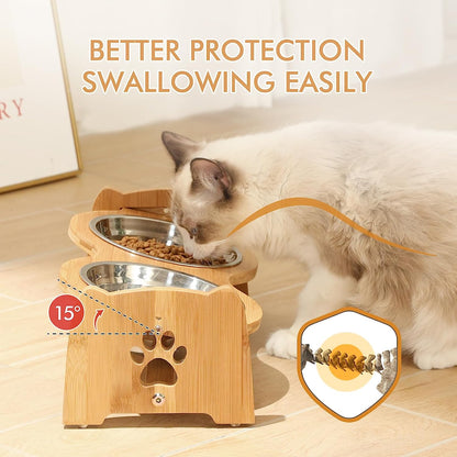 Adjustable Bamboo Raised Pet Bowls – Double Feeder for Small Dogs & Cats