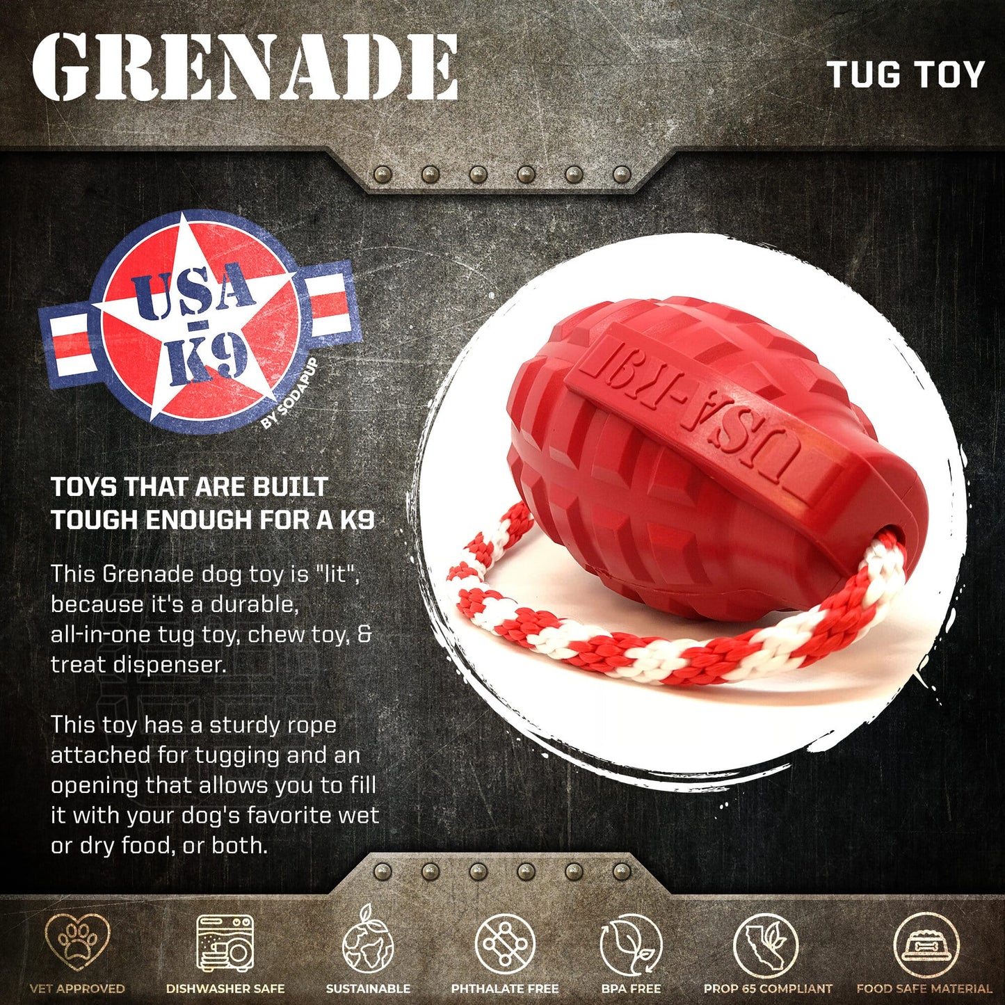 SodaPup Grenade Dog Toy – Chew, Treat Dispenser & Tug Toy