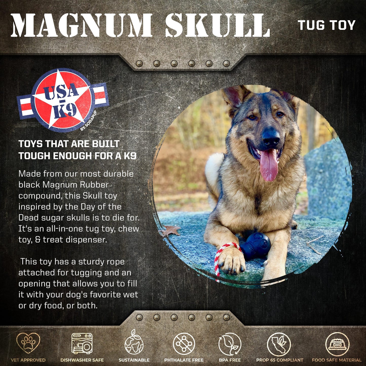 Magnum Skull Dog Chew Toy – Black Rubber Treat Dispenser