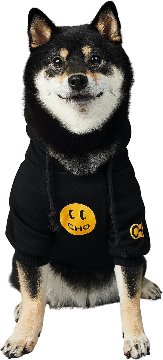 Smiley Face Dog Hoodie – Soft Cotton Pet Sweatshirt with Leash Hole for Dogs and Cats, Black 2XL