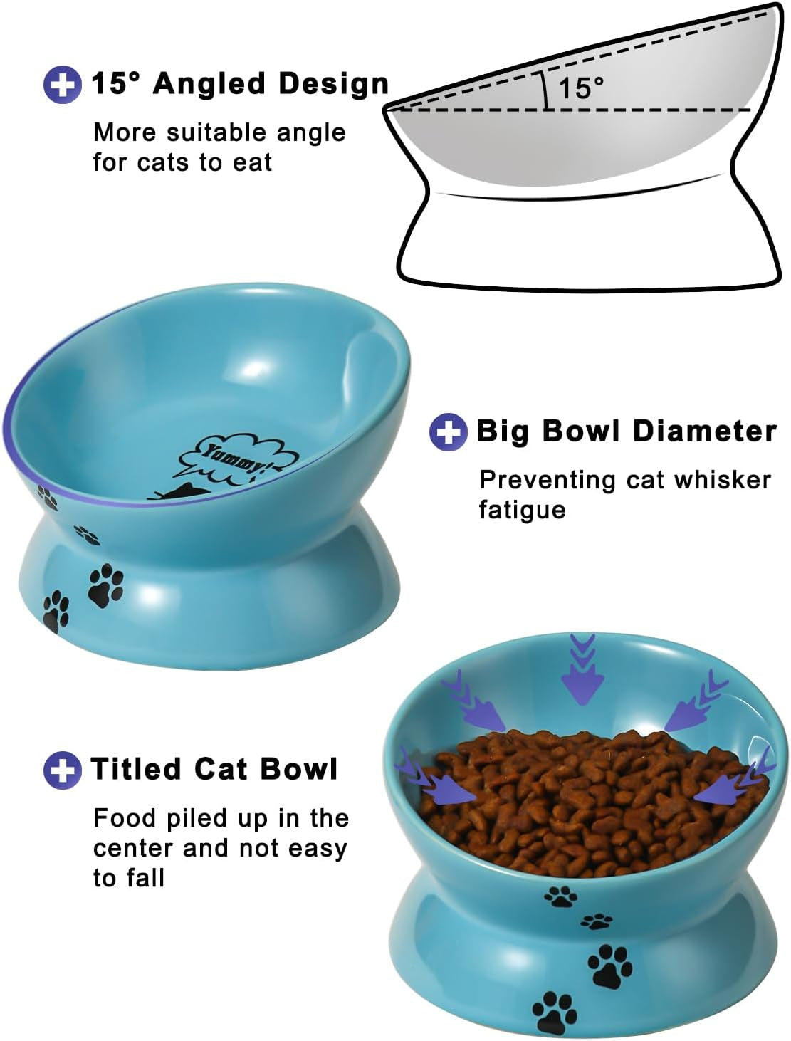 Elevated Ceramic Cat Bowl – Tilted Anti-Vomiting Raised Dish in Lake Blue