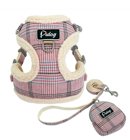 Plaid Dog Harness & Leash Set – Soft Walking Vest with Matching Pouch