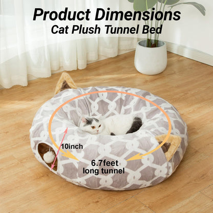 Large Cat Tunnel Bed – Flexible Plush Tunnel with Cushion and Toy Balls for Cats and Small Pets, Gray