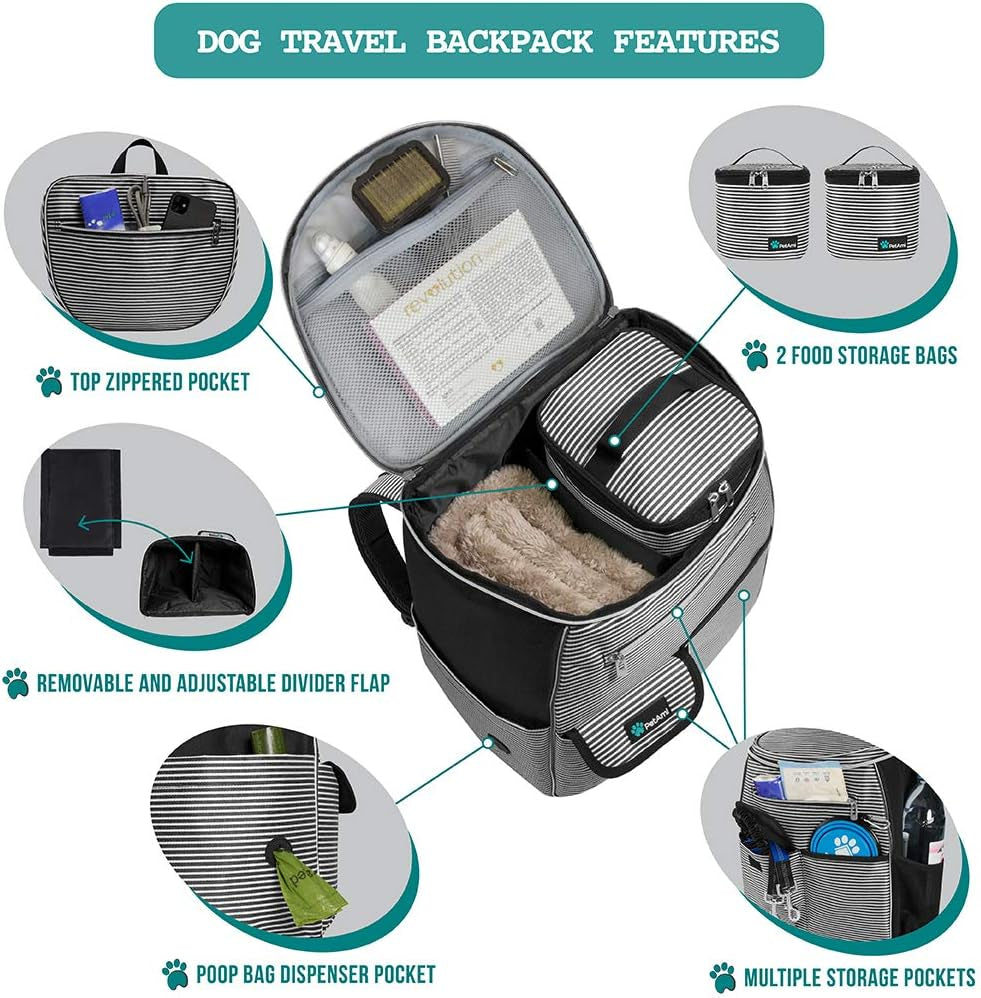 Pet Travel Backpack – Airline-Approved Pet Travel Bag with Food Containers and Collapsible Bowls, Stripe Black