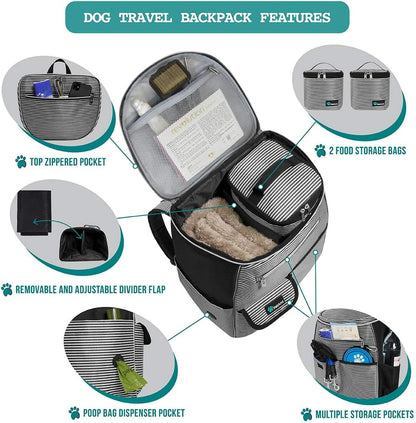 Pet Travel Backpack – Airline-Approved Pet Travel Bag with Food Containers and Collapsible Bowls, Stripe Black