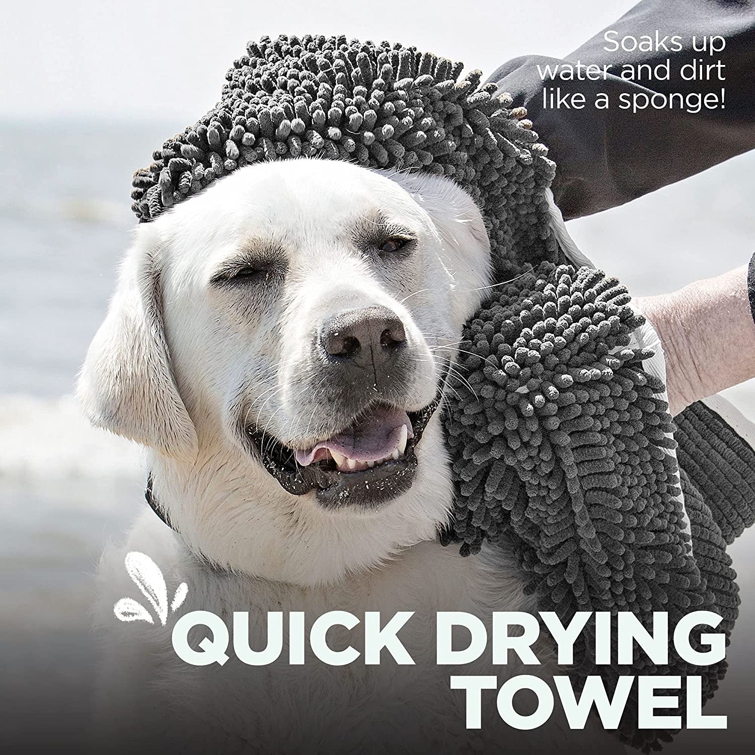 Super Shammy Dog Towel – Gray Microfiber Chenille Drying Towel with Hand Pockets, 31” x 14”