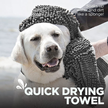 Super Shammy Dog Towel – Gray Microfiber Chenille Drying Towel with Hand Pockets, 31” x 14”