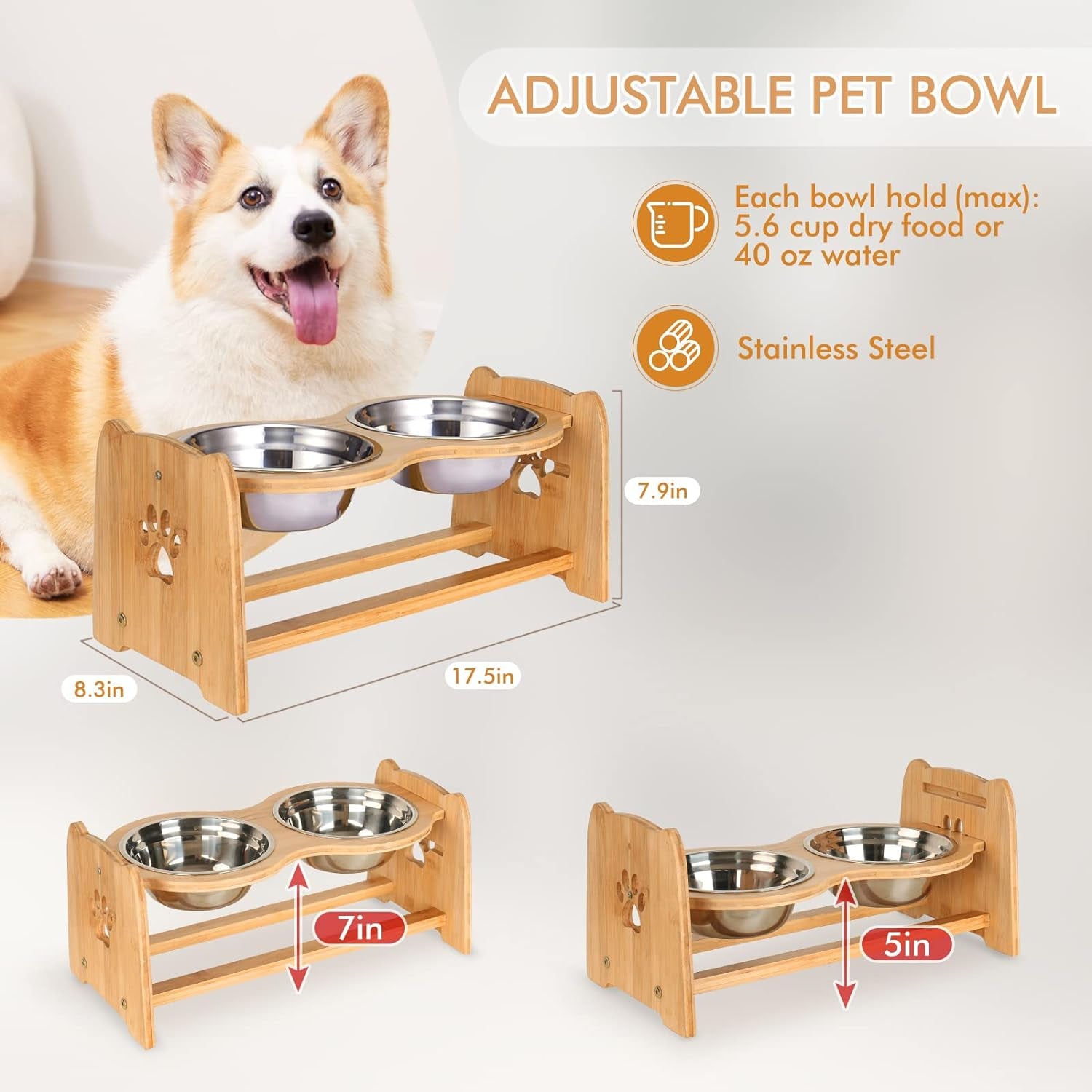 Adjustable Bamboo Elevated Pet Bowls – Raised Dog & Cat Feeder with 2 Stainless Steel Bowls