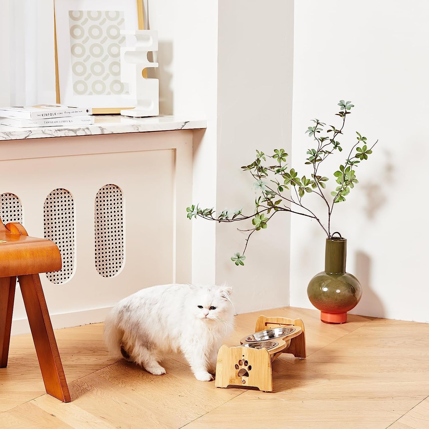 Adjustable Bamboo Raised Pet Bowls – Double Feeder for Small Dogs & Cats