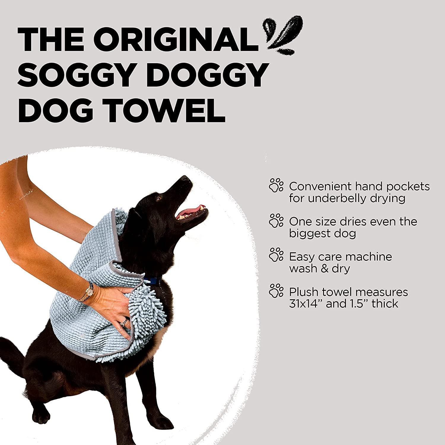 Super Shammy Dog Towel – Gray Microfiber Chenille Drying Towel with Hand Pockets, 31” x 14”