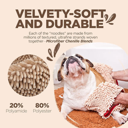 Soggy Doggy Super Shammy Dog Towel – Absorbent Microfiber Chenille Pet Towel for Drying Wet Dogs, Muddy Paws, Quick Dry Dog Shammy with Hand Pockets, Machine Washable – Beige/Red Trim, 31” X 14”