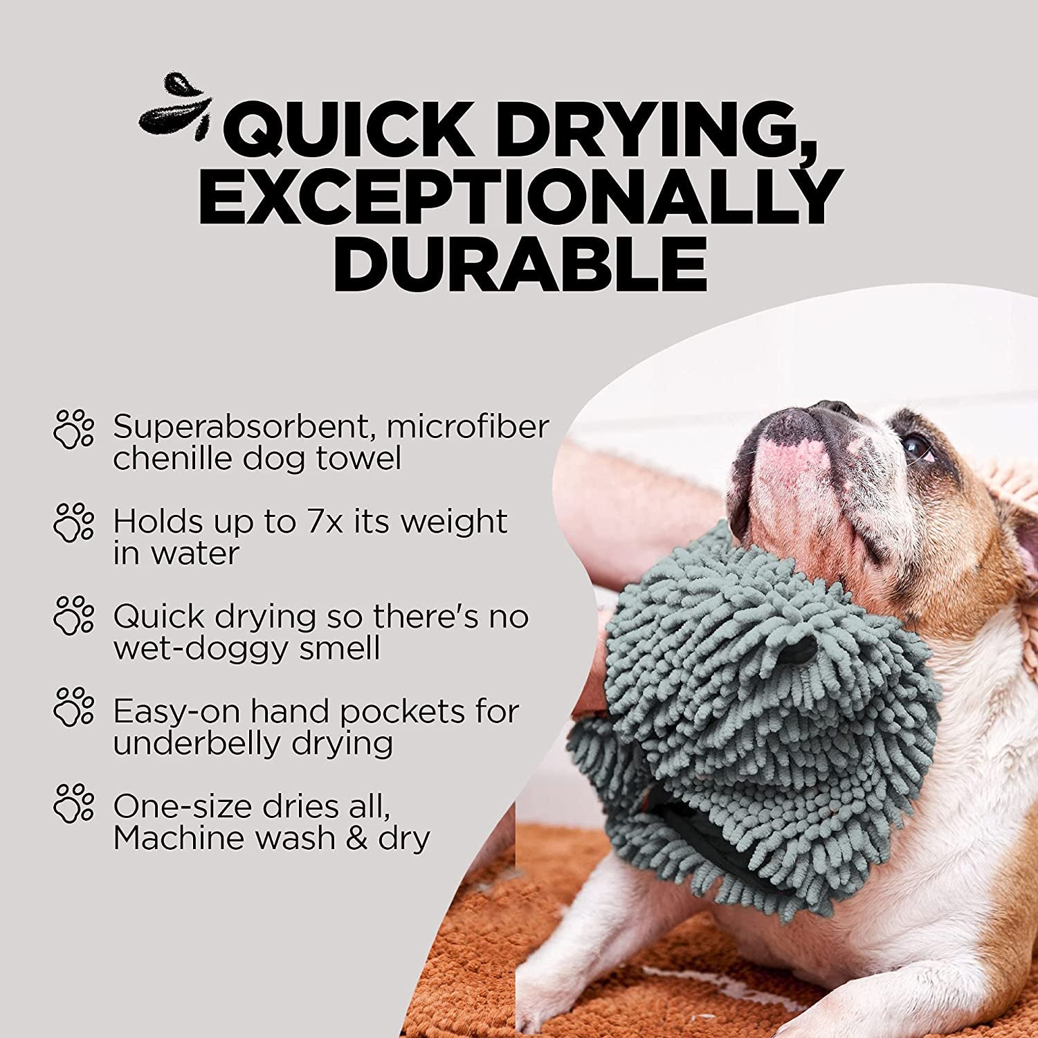 Super Shammy Dog Towel – Gray Microfiber Chenille Drying Towel with Hand Pockets, 31” x 14”