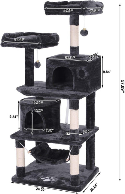 Cat Tree Condo Tower – 57” Gray Kitten Activity Center with Scratching Posts