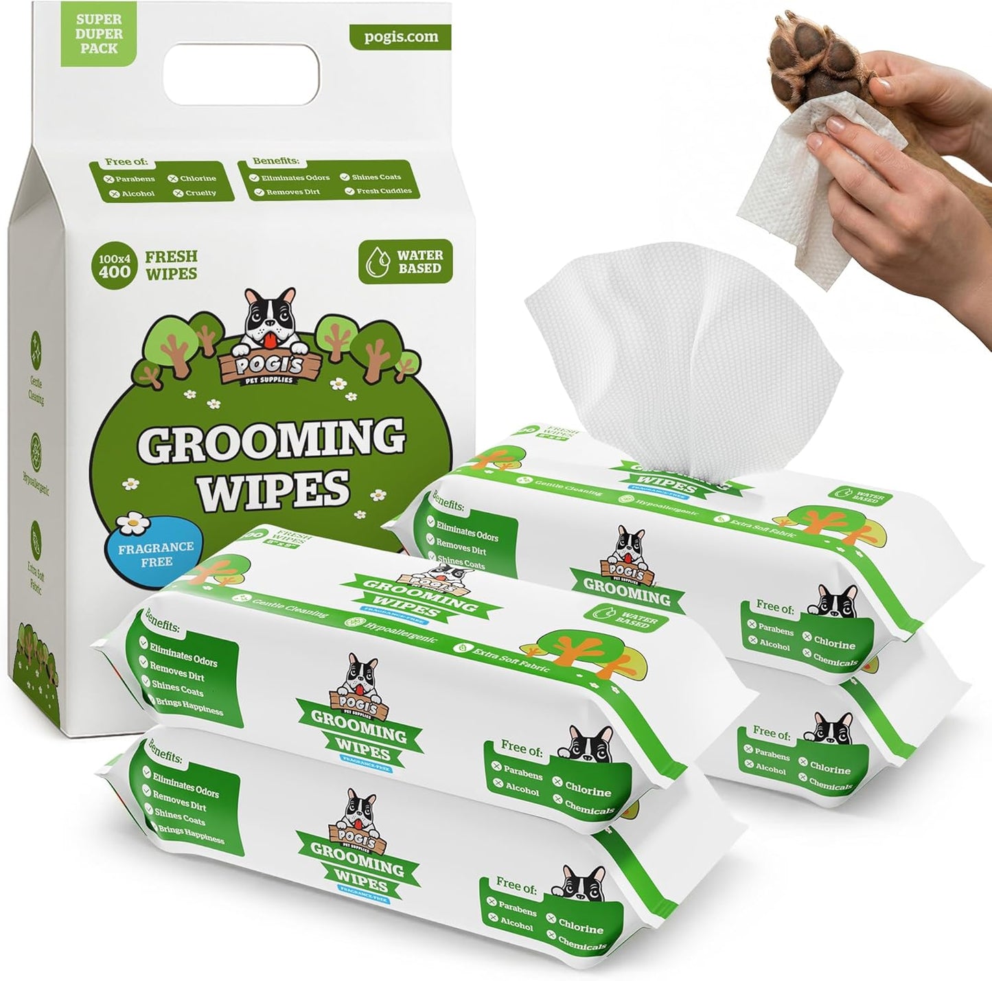 Pogi’s Fragrance-Free Dog Wipes – Hypoallergenic Pet Cleaning Wipes for Paws, Body, Face, and Butt, 400 Count