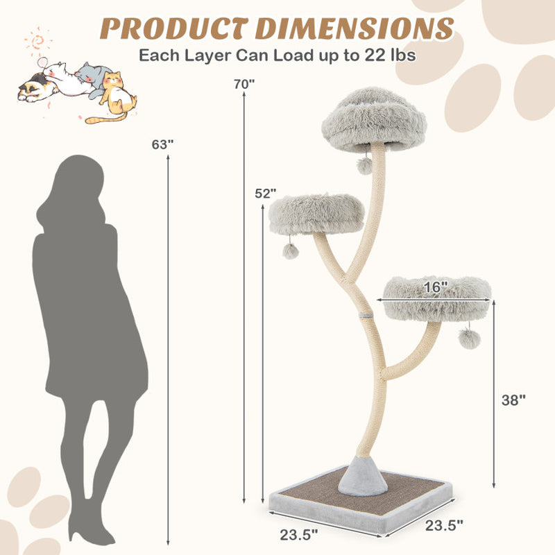 70” Metal Cat Tree Tower with Plush Perches