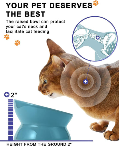 Elevated Ceramic Cat Bowl – Tilted Anti-Vomiting Raised Dish in Lake Blue