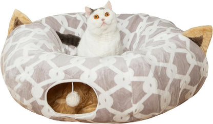 Large Cat Tunnel Bed – Flexible Plush Tunnel with Cushion and Toy Balls for Cats and Small Pets, Gray